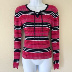 Vintage Y2K Mossimo Top Small Ribbed Lace Up Striped Magenta Indie Skater‎